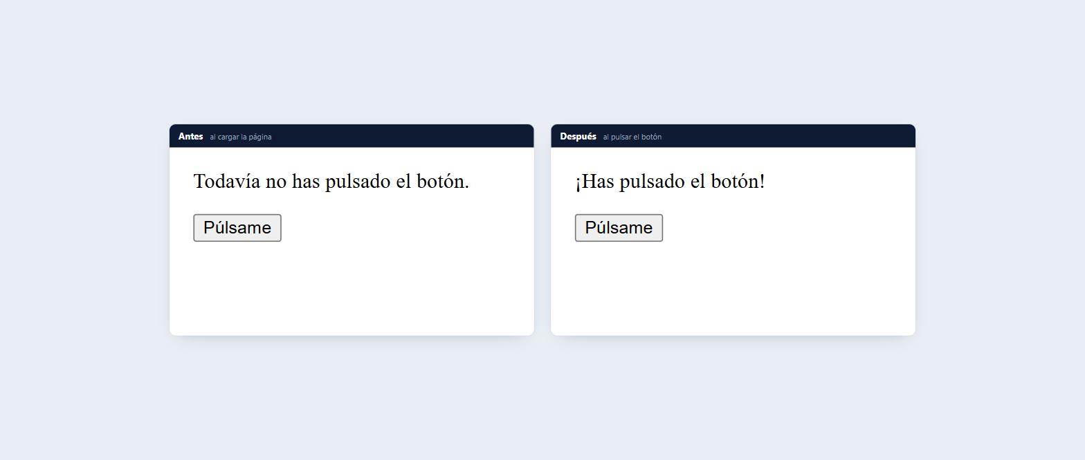 Resultado del ejemplo de JavaScript: antes de pulsar el botón el texto dice Todavía no has pulsado el botón y después dice Has pulsado el botón