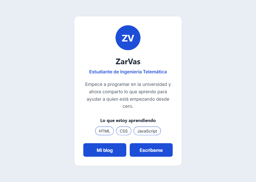 Tarjeta de presentación terminada con HTML y CSS: avatar con iniciales, nombre, descripción, etiquetas y dos botones
